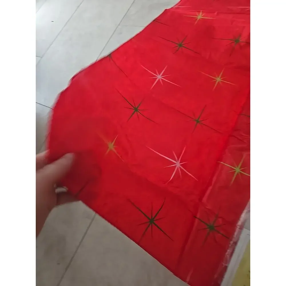 Vtg Clover Valley Home Red Starburst Vinyl‎ Flannel Back Tablecloth 52